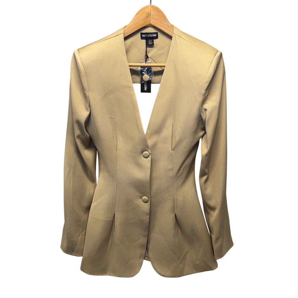 PrettyLittleThing Woven Open Back Button Detail Cinched Blazer Camel Sz 4 NWT